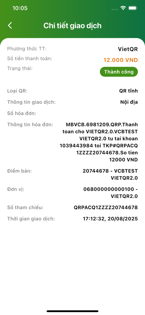 VCB Merchantアプリで、VietQR決済の取引成功詳細を表示するモバイル画面。