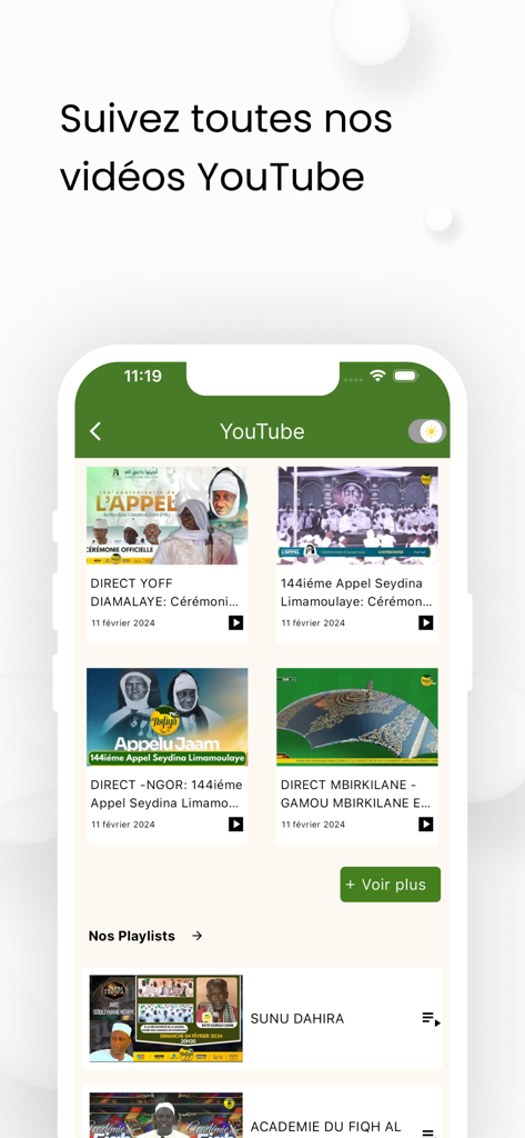 Asfiyahi TV | FM | Actu - Interface of the Asfiyahi TV app showing a selection of religious YouTube videos and playlists