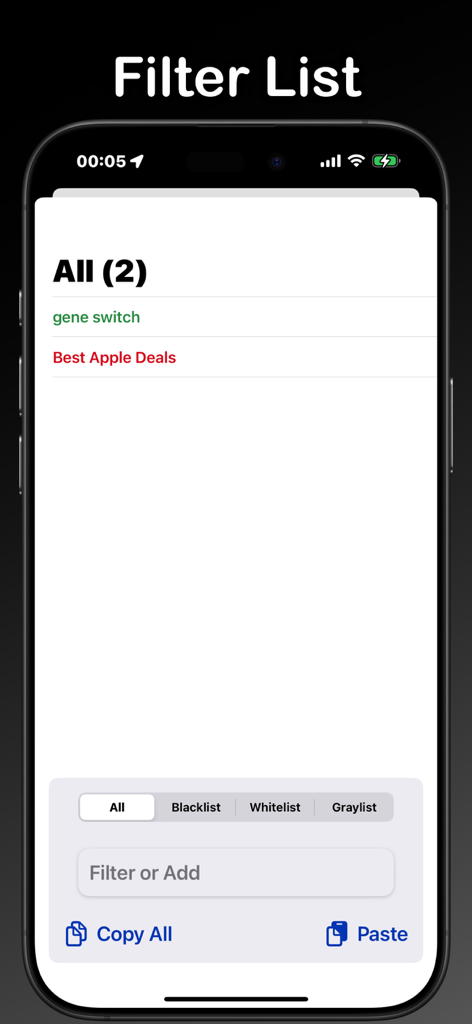 Interface for managing news feed keyword filters with blacklist and whitelist options