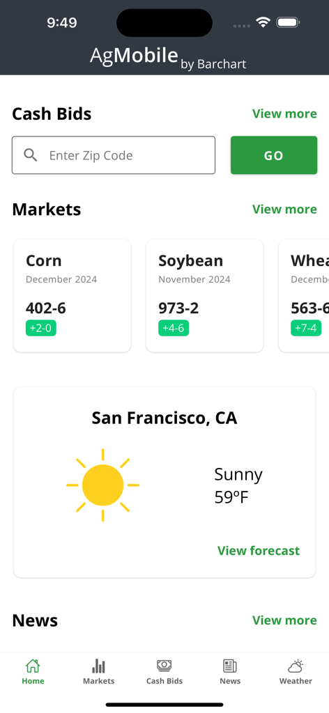 AgMobile - AgMobile app home screen displaying commodity market data and local weather