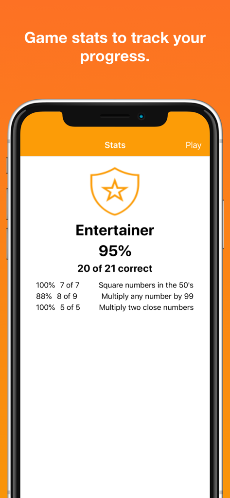 Mathemagics: Mental Math - Mathemagics app statistics screen showing user progress and math trick proficiency levels