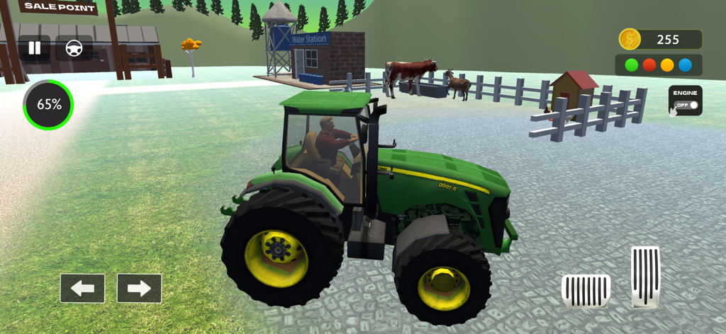 Farm Simulator Tractor Games - Un tractor verde conduciendo a través de un entorno de granja rural con ganado en un juego de simulación móvil.
