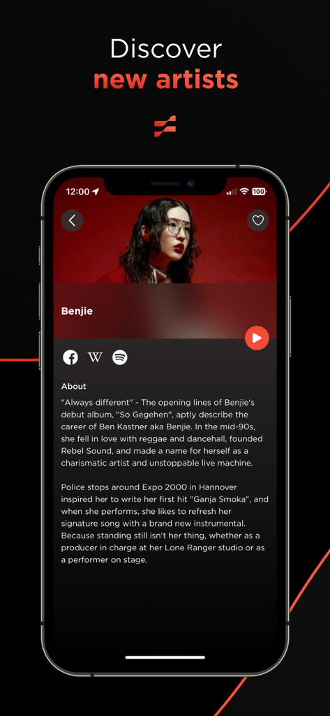 FEST: Your Festivals, One App - FEST app screen for discovering new artists featuring an artist biography and music streaming links