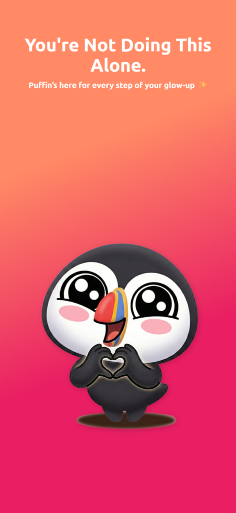 Puffin: Acne Tracker - Cartoon-Puffin-Maskottchen, das mit seinen Flügeln ein Herzzeichen auf einem warmen Farbverlauf-Hintergrund mit motivierendem Hautpflegetext macht