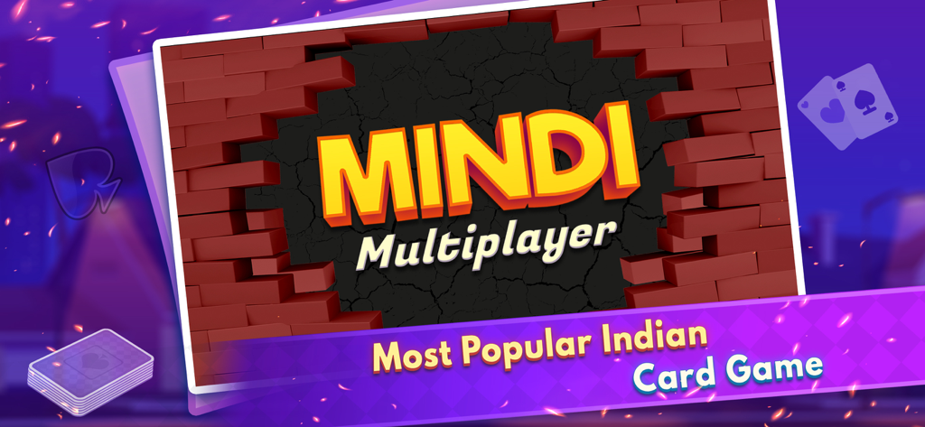 Mindi Multiplayer - Mindi Multiplayer title screen displaying the Most Popular Indian Card Game slogan on a brick wall background.