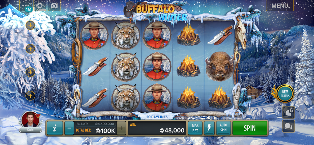 Jackpot Buffalo Slots - Pantalla de jugabilidad de Jackpot Buffalo Slots mostrando la máquina tragaperras Buffalo Winter con 50 líneas de pago y símbolos de vida silvestre