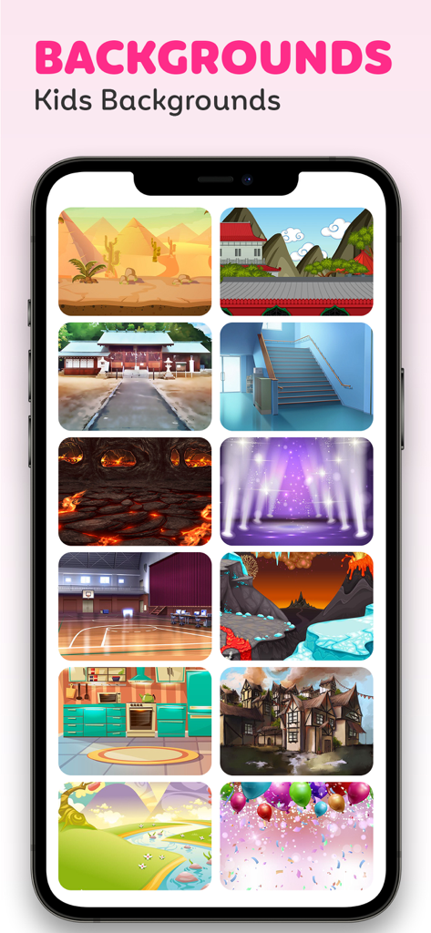 Lala Kids: Create Life Story - A selection of colorful background scenes including fantasy worlds, sports courts, and home interiors for kids video editing.
