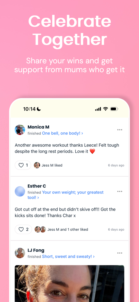 Move it Mama - Move it Mama app news feed with moms sharing workout wins and support