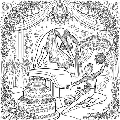 Experience the perfect blend of athletic prowess and romantic elegance with this one-of-a-kind coloring page. Watch as vault gymnasts perform dazzling feats amidst a beautiful wedding setting, ready for your creative touch.