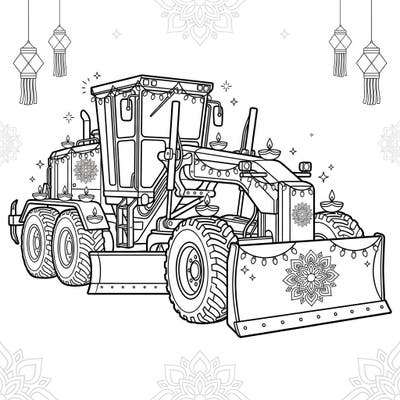 Gear up for a unique celebration with this motor grader coloring page, brilliantly decorated for Diwali. Enjoy bringing vibrant colors to this powerful construction vehicle adorned with traditional festive lights and patterns.