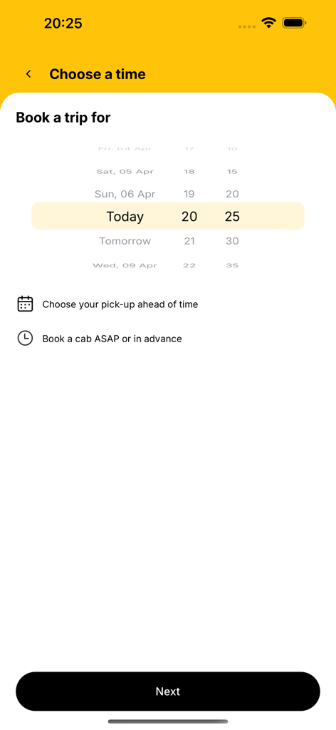 Yellow Star Taxis - Mobile screen of the Yellow Star Taxis app showing a date and time picker for booking a trip in advance