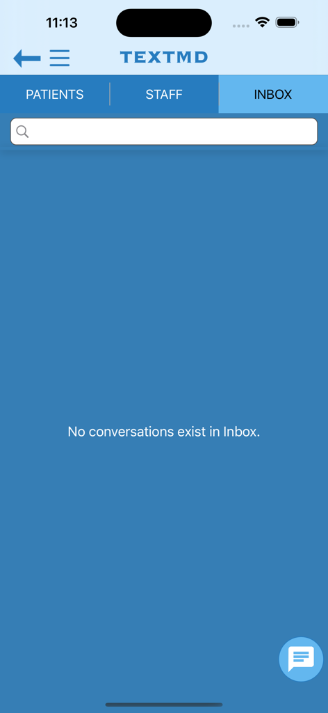 Interfaz de la aplicación HospiceMD que muestra la pantalla de bandeja de entrada de TextMD sin conversaciones actuales.