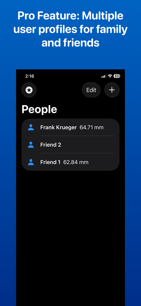 Pupillary Distance Ruler - 複数のユーザープロファイルと保存された瞳孔間距離測定値が表示されているアプリ画面。家族や友人向けです。