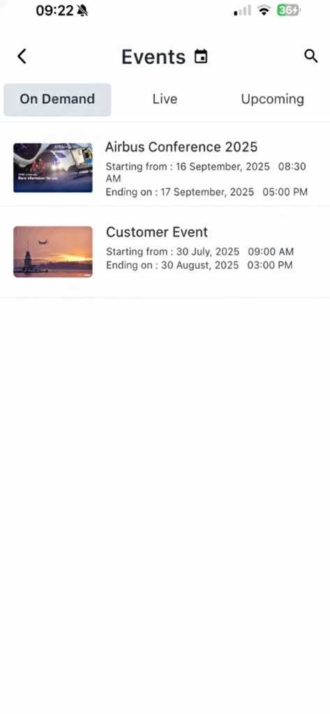 A list of on demand events and conferences within the Airbus Events and Exhibitions mobile application.
