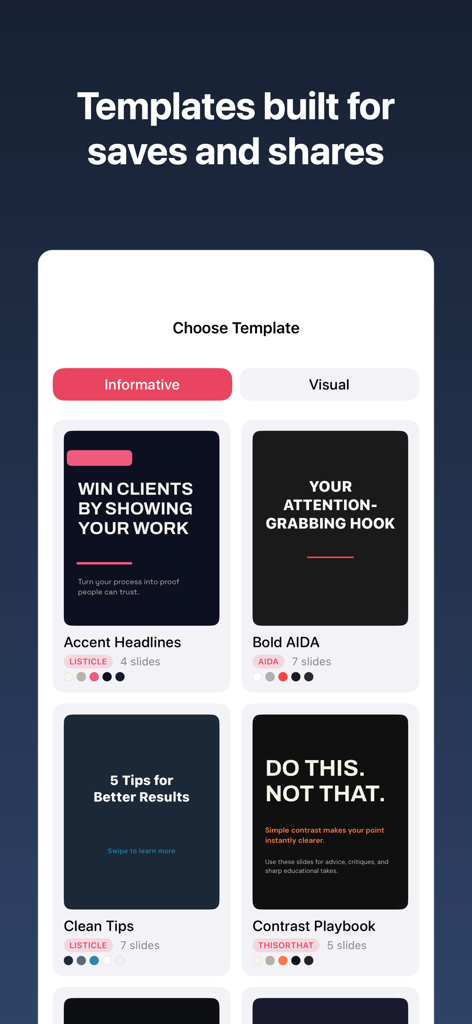 Carousel: AI Posts for Insta - Oberfläche, die verschiedene informative und visuelle Vorlagen zur Erstellung von Instagram-Karussell-Posts mit hohem Engagement zeigt