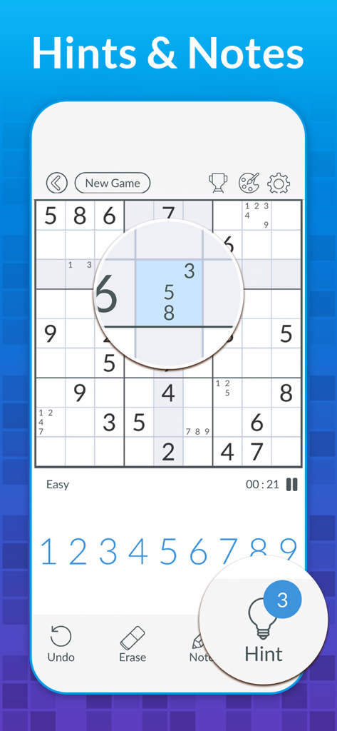 Sudoku ▦ - Écran de l'application mobile Sudoku affichant les notes au crayon et les outils d'indices