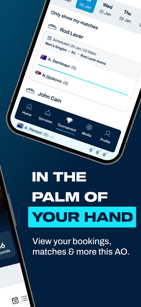 AO Player - AO Player app interface showing professional match schedule for Rod Laver Arena