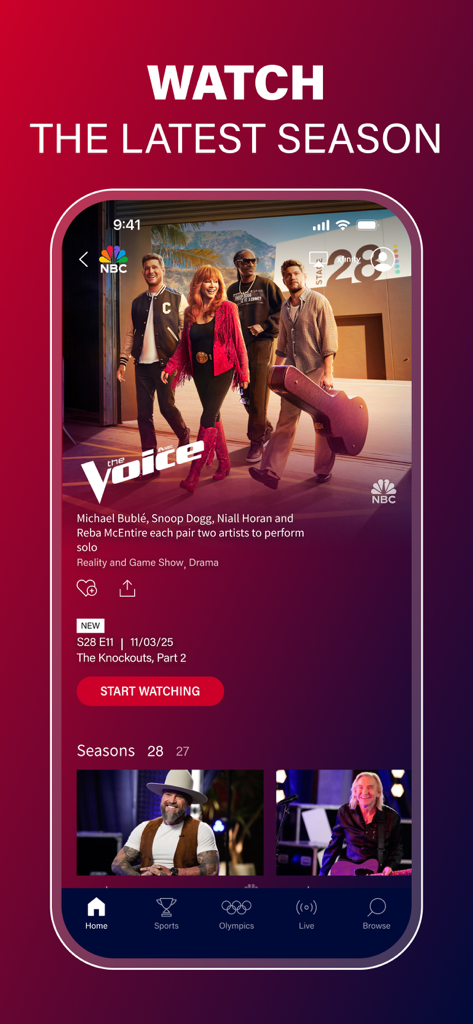 The NBC App – Stream TV Shows - Captura de pantalla de la App de NBC que muestra la página del programa The Voice con la opción de comenzar a ver la última temporada