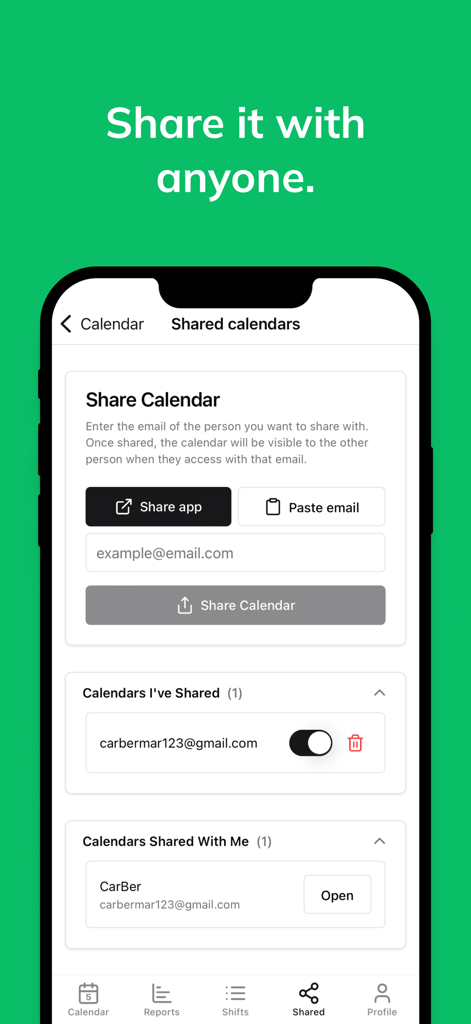 Shifts Calendar (Shifty) - Interface of Shifty app showing shared calendars and email sharing options for shift schedules