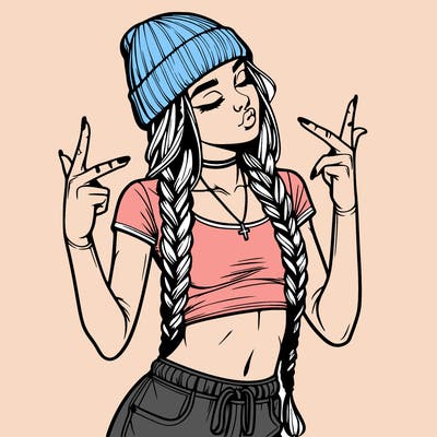 realistic teenage girl with braids and a beanie and crop top doing 🫶🏼