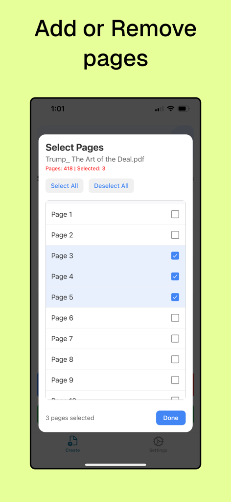 PDF Merge: small pdf converter - iPhone interface of PDF Merge app showing the selection of specific pages to add or remove from a document