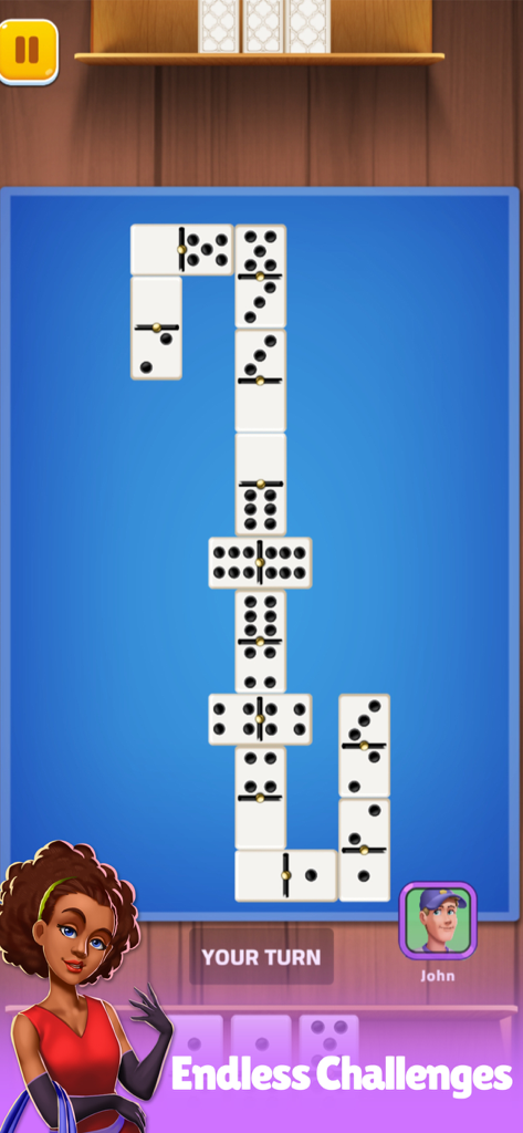 Jugabilidad móvil de Dominoes Infinite mostrando una partida estratégica de dominó en curso sobre un tablero azul con avatares de jugador.
