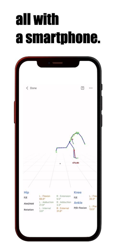 MOVE! - 3D Motion Analysis - A smartphone screen displaying a 3D skeletal model with biomechanical data including joint angles and ground reaction force