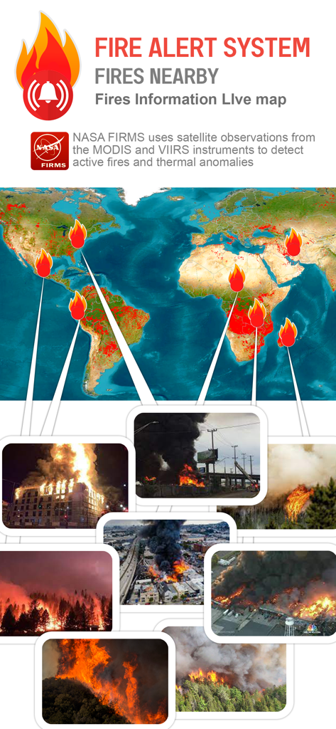 Interfaz de la aplicación Fire Alert System con un mapa global en vivo y fotos de incendios forestales activos e incendios urbanos.