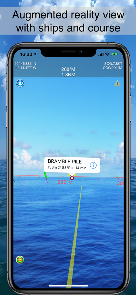 Boat Beacon - Smartphone screen showing Boat Beacon's augmented reality LiveView with a yellow course line and ship information overlaid on a real-time ocean view.