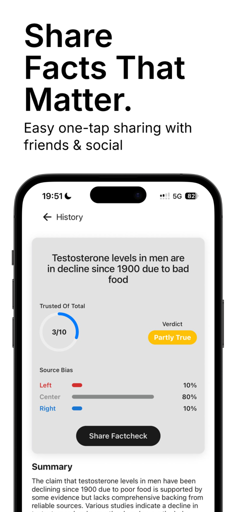 La interfaz de la App Verificador de Hechos IA que muestra un resultado de verificación de hechos con indicadores de sesgo político y un botón para compartir