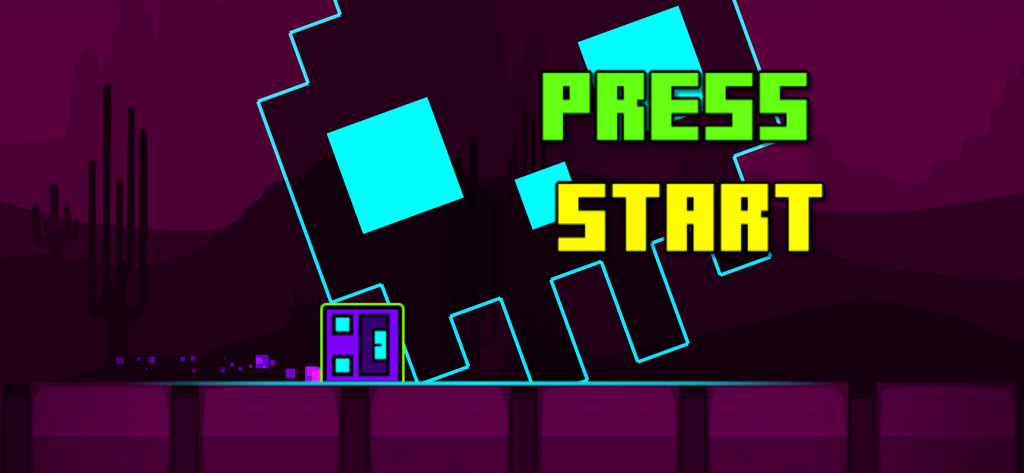 Geometry Dash SubZero gameplay screenshot showing the Press Start level with a neon purple desert background and square character.