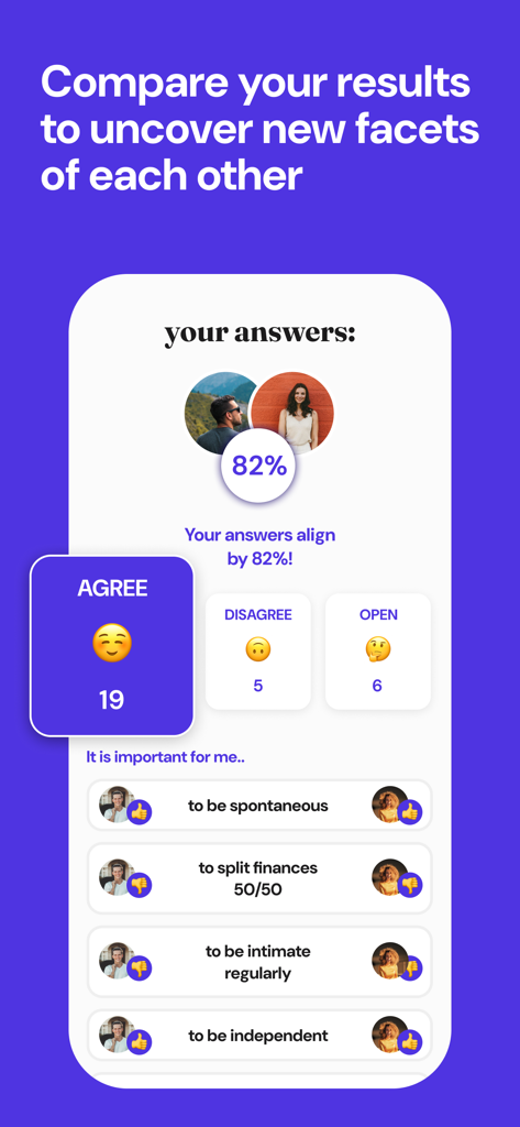recoupling: relationship, love - Captura de tela do aplicativo recoupling mostrando uma comparação de respostas entre um casal com uma pontuação de alinhamento de 82% em tópicos de relacionamento.