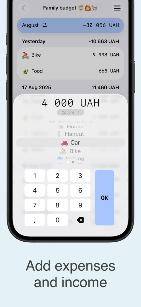 Expense: Budget Tracker - Mobile app screen showing a numeric keypad for adding daily expenses and income