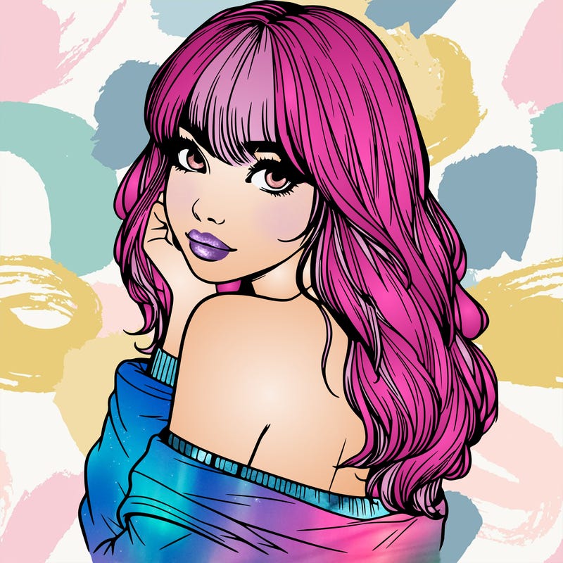 realistic girl with bangs looking over her shoulder