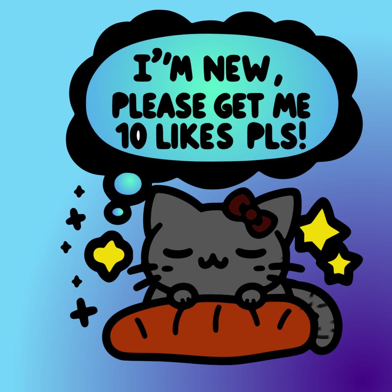 kitty taking a nap dream talking and saying "i'm new, please get me at least 10 likes pls!!"