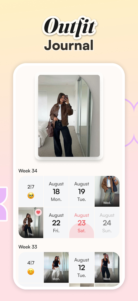 Color Analysis: WhatColors - Weekly outfit journal calendar showing daily style logs and photos in the app