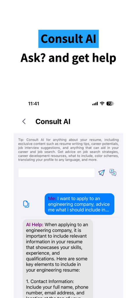 Chat interface showing the Consult AI feature for resume and career help in ResuME Maker app