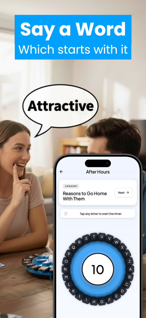 Tap Words Game - People playing the Tap Words mobile game featuring a word challenge and timer