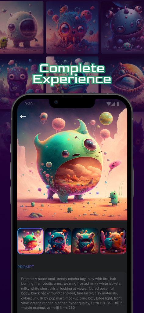 Illustrazione di un mostro generata dall'IA e il prompt nell'app AI Box