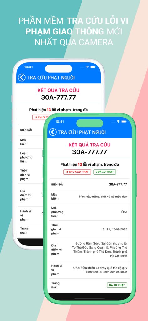 Écran d'une application mobile affichant les résultats de recherche d'infractions routières et les détails des amendes non payées pour un véhicule au Vietnam