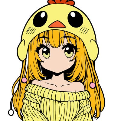 anime girl with chick shaped hat with sweater with bare shoulders with bangs covering them one eye with low tail