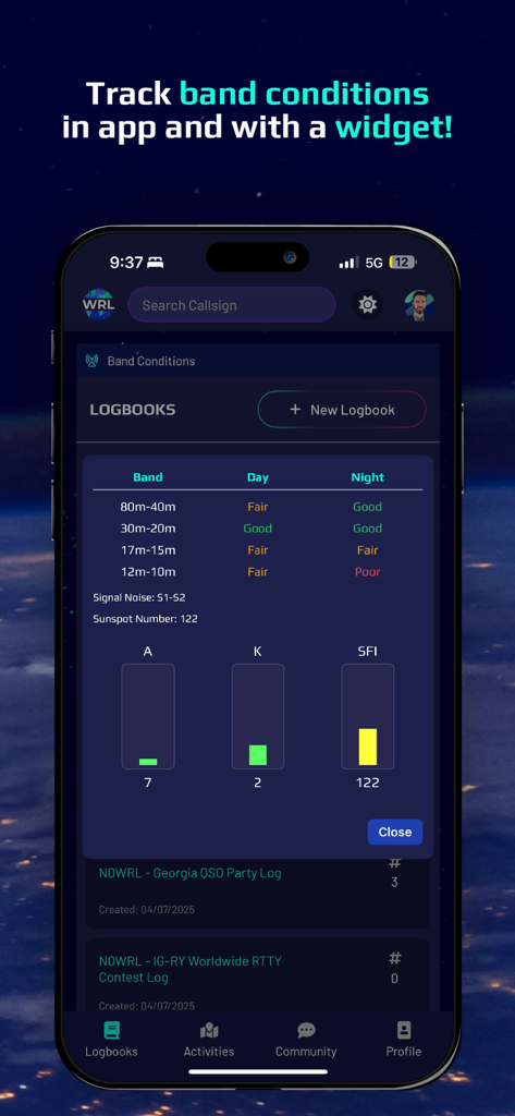 World Radio League - World Radio League app displaying amateur radio band conditions and propagation data