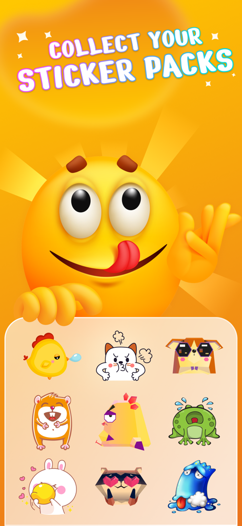 Funny Emoji - WASticker Maker - Un emoji amarillo alegre sacando la lengua sobre una cuadrícula de diversos stickers de animales para mensajería
