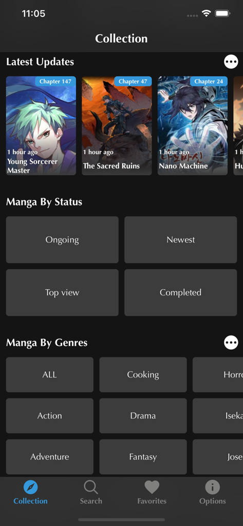 MangaNelo app library interface showing latest updates and genre categories.