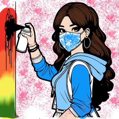 realistic girl with mask spray painting a wall