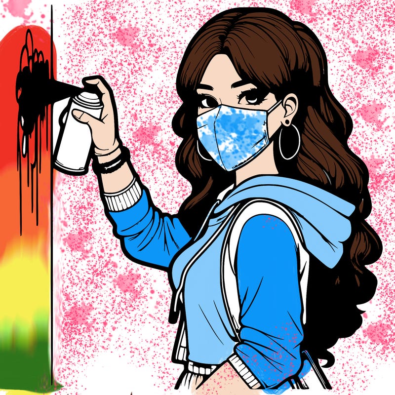 realistic girl with mask spray painting a wall