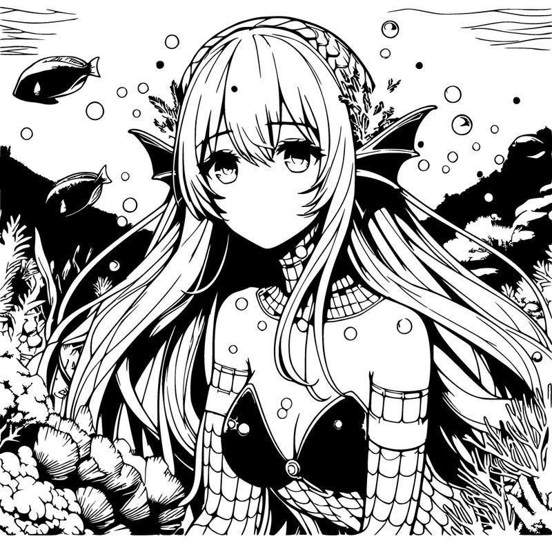 realistic siren anime girl in deep sea