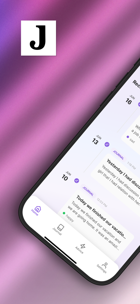 JournAI: AI Mood Journal - Interface of JournAI app showing a chronological timeline of digital journal entries with mood tags