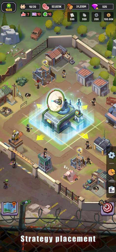 Survivor Base - Zombie Siege - Top down view of a survivor camp showing strategic building placement and base management in a zombie apocalypse setting