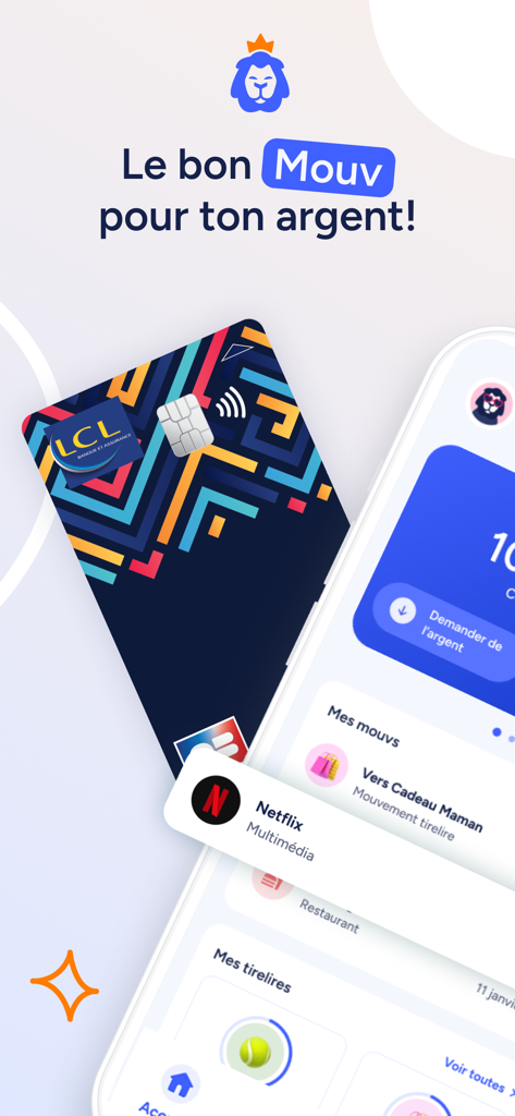 Interface de l'application mobile Mouv by LCL pour la banque des ados, présentant une carte de crédit de marque et l'historique des transactions